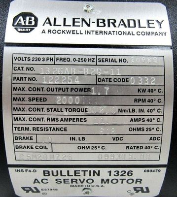 Aggiornamento a AB 1326AB-B2C-11 Torque Plus Series AC Servo Motors per prestazioni ottimali