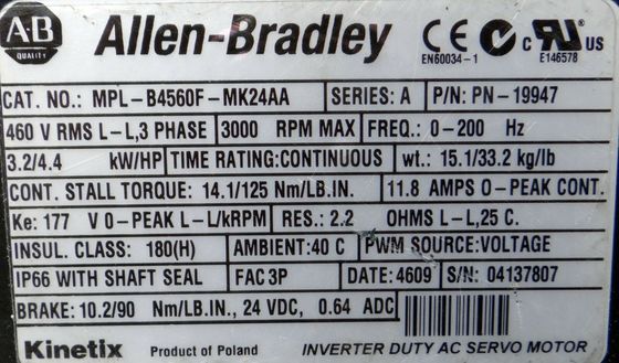 ALLEN-BRADLEY MPL-B4560F-MK24AA MPL-serie MPL 480V AC servomotore rotativo