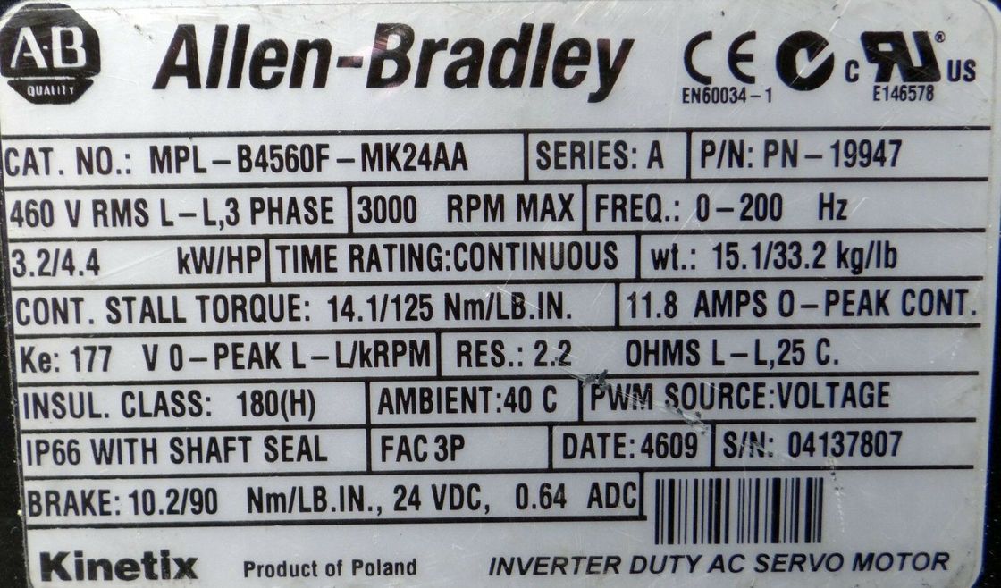 ALLEN-BRADLEY MPL-B4560F-MK24AA MPL-serie MPL 480V AC servomotore rotativo